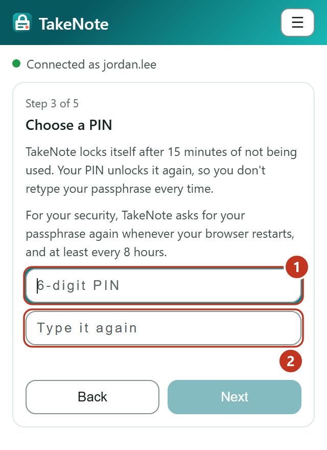 Step 3 of setup: choosing a 6-digit PIN.