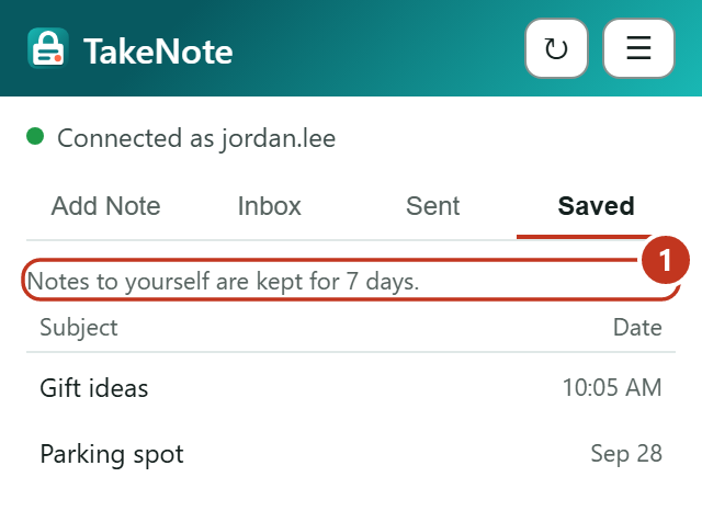 The Saved tab, listing two notes you kept for yourself.