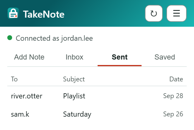 The Sent tab, listing two notes you sent.