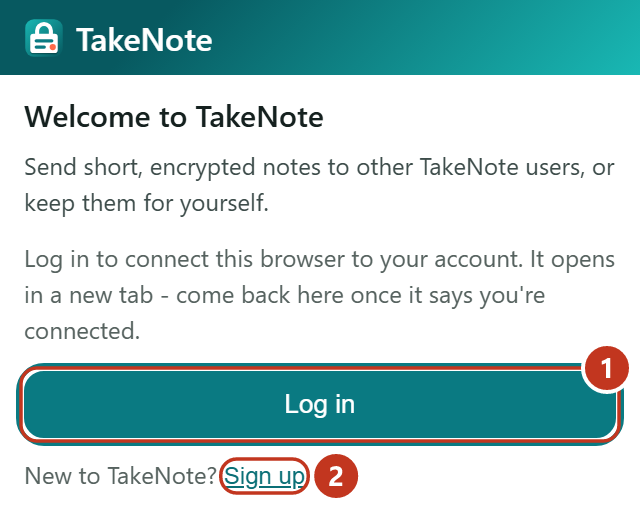 The TakeNote Welcome screen, with a Log in button and a Sign up link.